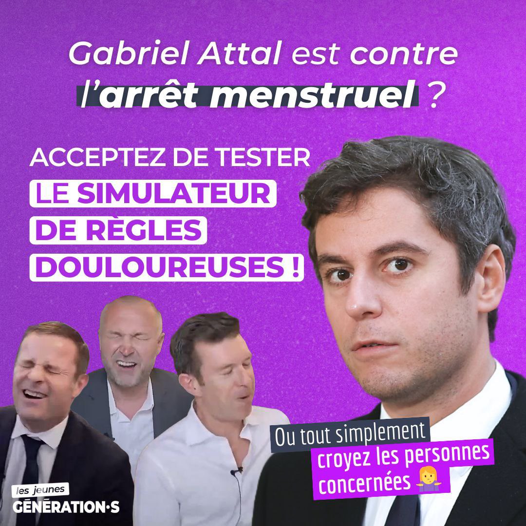 🟣  Gabriel Attal est contre l'arrêt menstruel ? 

Qu'il accepte de tester le simulateur de règles douloureuses de @speytavie et @MC_Garin !

Le 4 avril, on vote #PourUnArrêtMenstruel 🩸