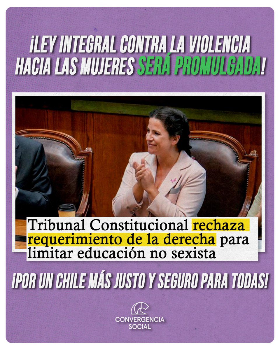 la_convergencia's tweet photo. Las mujeres merecen resguardo. La decisión del TC va a permitir que se promulgue la #LeyIntegral para mejorar la seguridad de las mujeres y construir un Chile donde se erradique la violencia de género 💜 @GabrielBoric @totiorellanag ¡Avanzamos!👏🏼 https://t.co/RFoO4h9gNQ