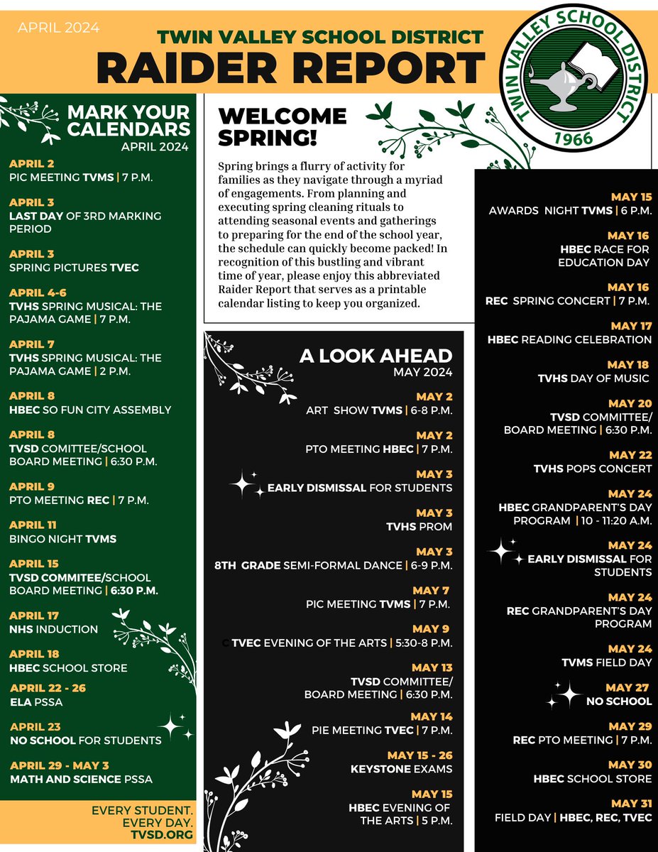 As we ease back into routine after Spring Break, utilize this ‘Raider Report’ to stay organized and up-to-date with all that's happening across our District! Save or print this document to easily reference it in the future: buff.ly/3IYPkhb.