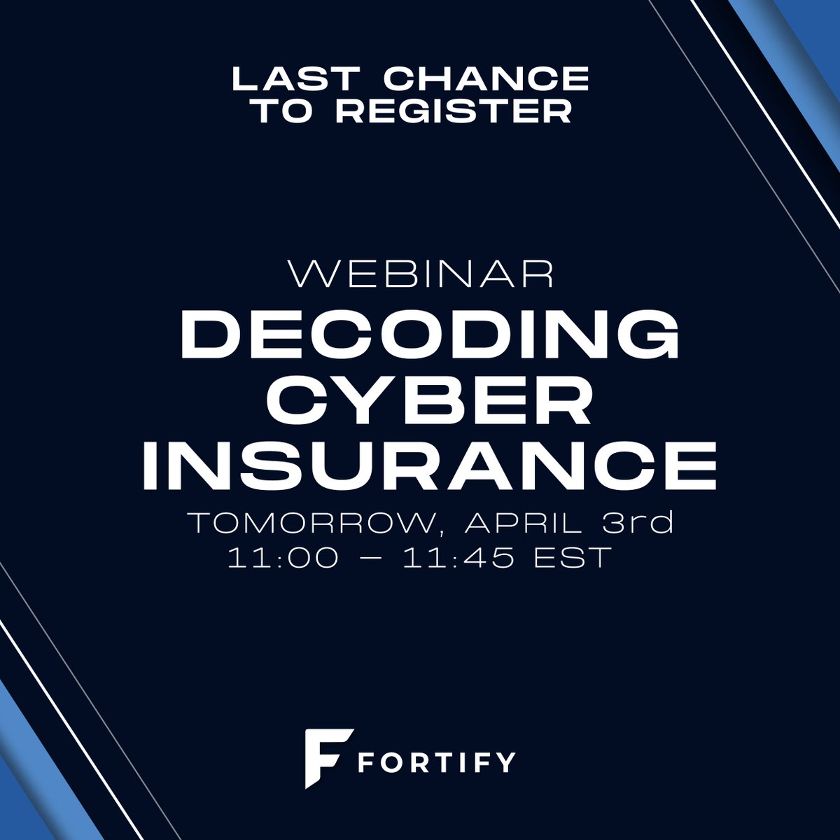 Want to learn more about how to protect your business through Cyber Insurance Readiness? Today is the last day to register for Fortify's Decoding Cyber Insurance webinar in partnership with Coalition. Register here to save your spot: events.teams.microsoft.com/event/2c075404…