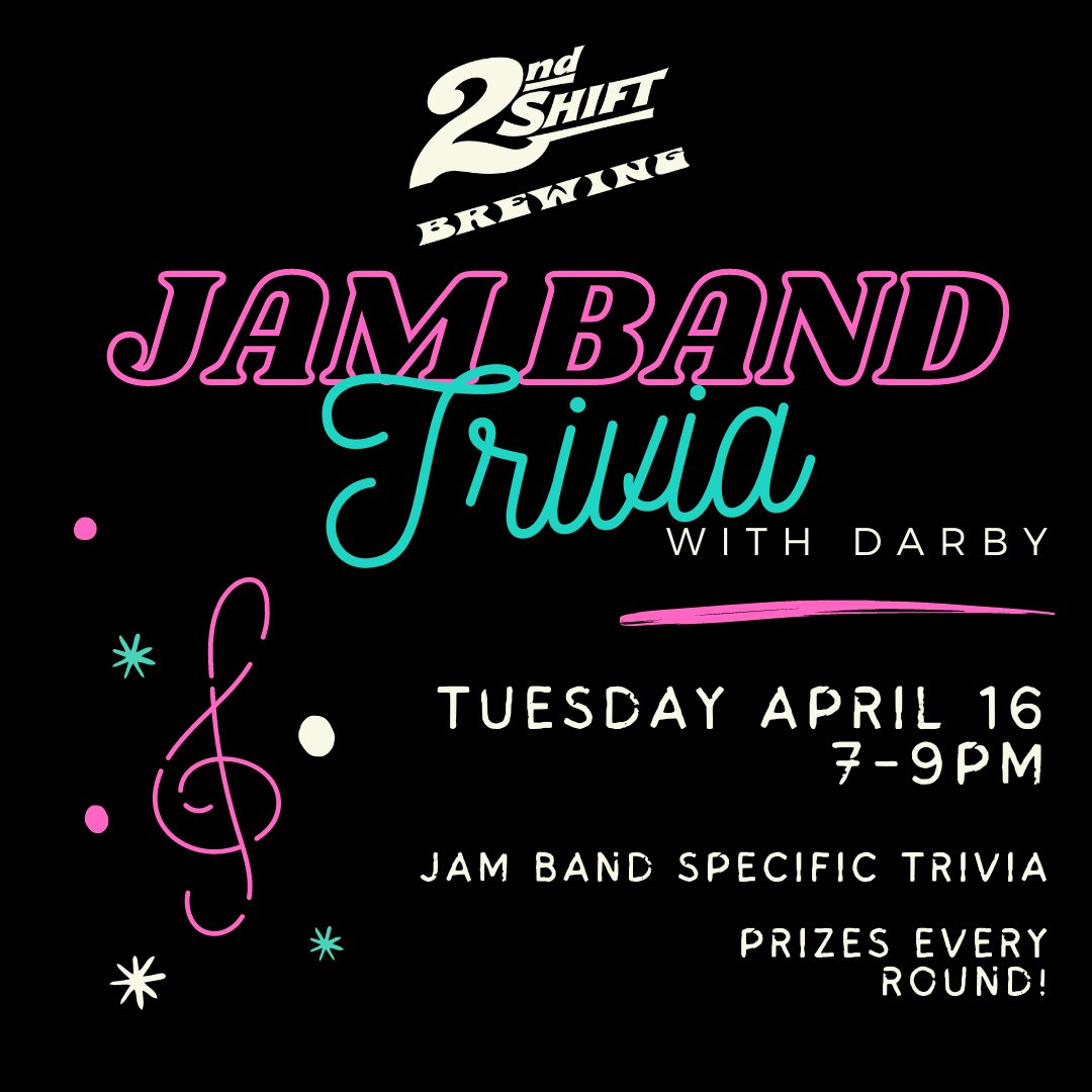 🎼 Are you a Jam Band aficionado? Let @darbystl put your knowledge to the test with our rockin’ trivia challenge! 🎸🎶 4/16 7-9pm #2ndshiftbrewing #triviatuesday