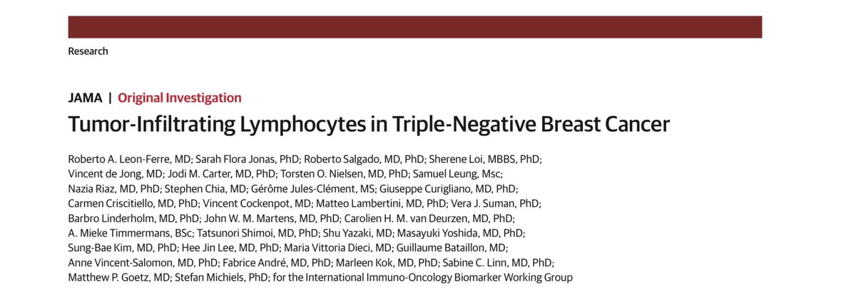 Out in @JAMA_current huge academic effort to clarify role of #TILs tumor-infiltrating lymphocytes to avoid #chemotherapy in some patients with triple-negative #BreastCancer: honored & grateful to have @UniGenova @SanMartino_Ge part of it! @OncoAlert #bcsm jamanetwork.com/journals/jama/…