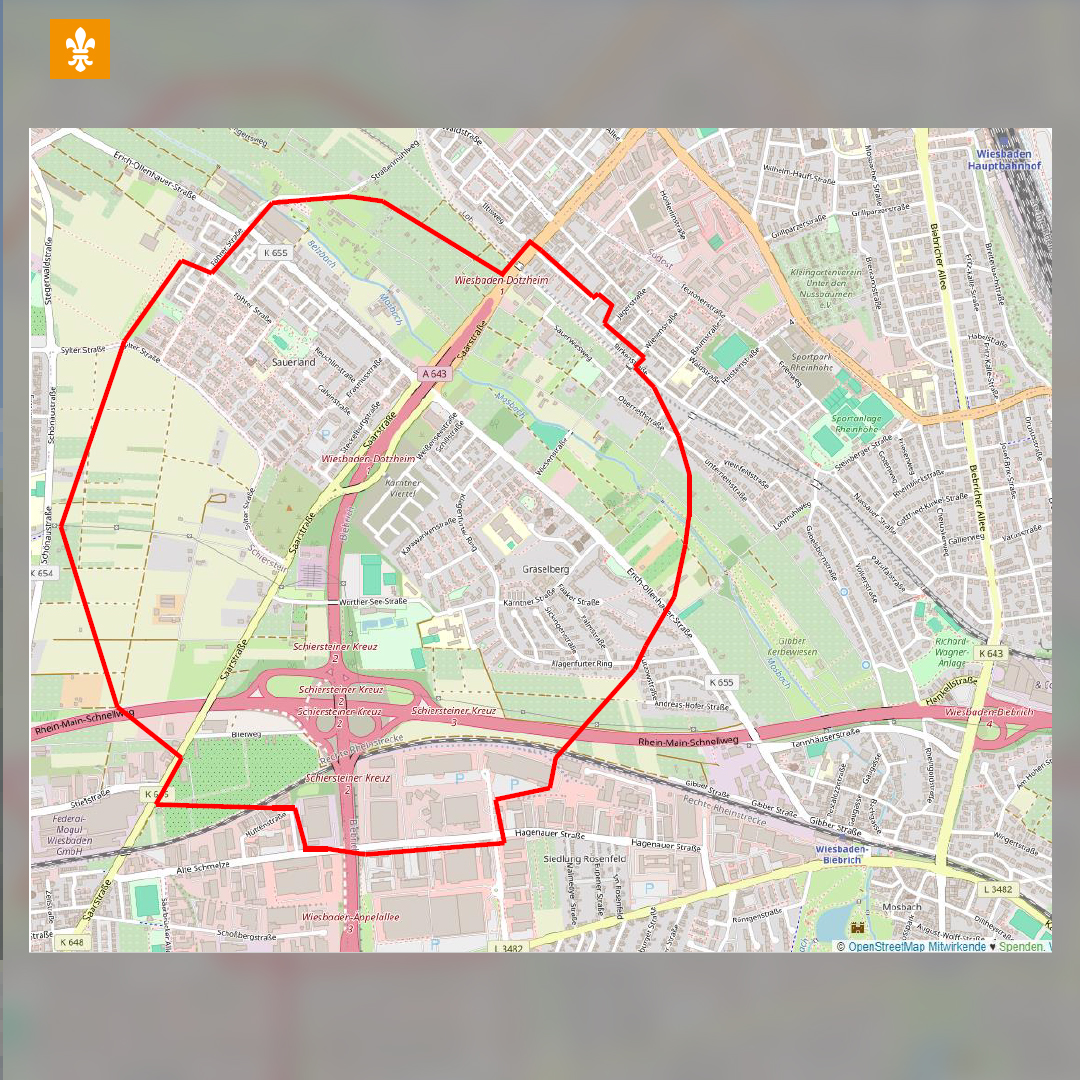 Für die Entschärfung beziehungsweise die kontrollierte Sprengung ist eine Evakuierung in einem rund 1.000 Meter großen Radius notwendig. Hier die Karte des Evakuierungsgebiets. wiesbaden.de/pm_2024_52
