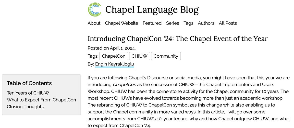 This year, we're introducing ChapelCon as the successor of CHIUW--the Chapel Implementers and Users Workshop.

Learn how and why Chapel outgrew CHIUW and what to expect from ChapelCon '24 in our latest blog article: chapel-lang.org/blog/posts/cha…
