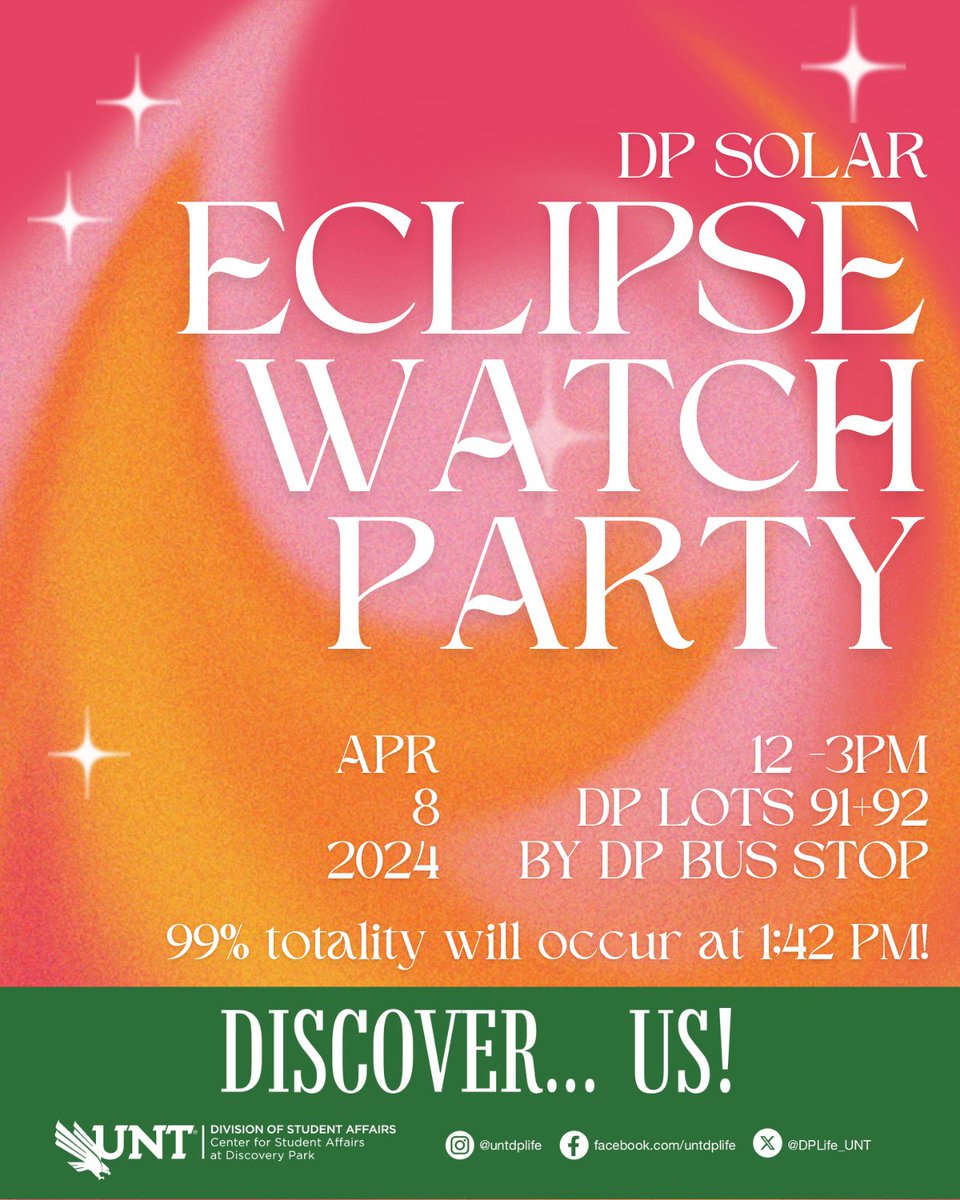 We are back with another Solar Eclipse event! This will be the last total solar eclipse until 2044, so you don't want to miss it! Join us, @UNTEngineering , and @UNTCOI  by the bus stop at Discovery Park with your sun viewing glasses for other giveaways and a great view! ☀️🕶