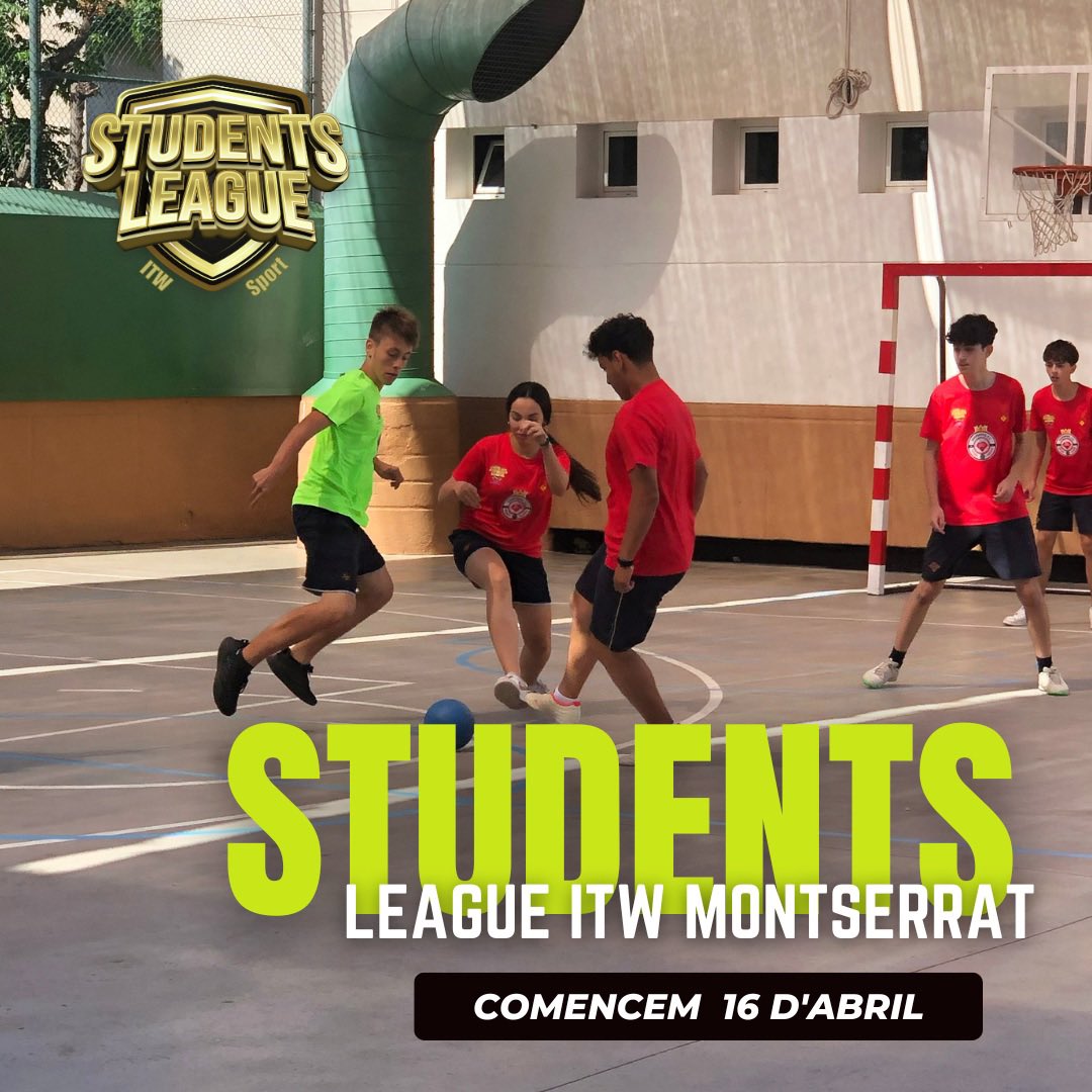 Ja ho tenim tot a punt per a la Students League ITW Montserrat 23-24.

L'alumnat d'ESO de l'Escola Montserrat gaudiran de la segona edició, que començarà el 16 d'abril.

Aquest any viurem l'experiència amb els esports:
⚽️ Futbol
🏀 Bàsquet
🏐 Vòlei
🏓 Ping-pong

#somMontserrat