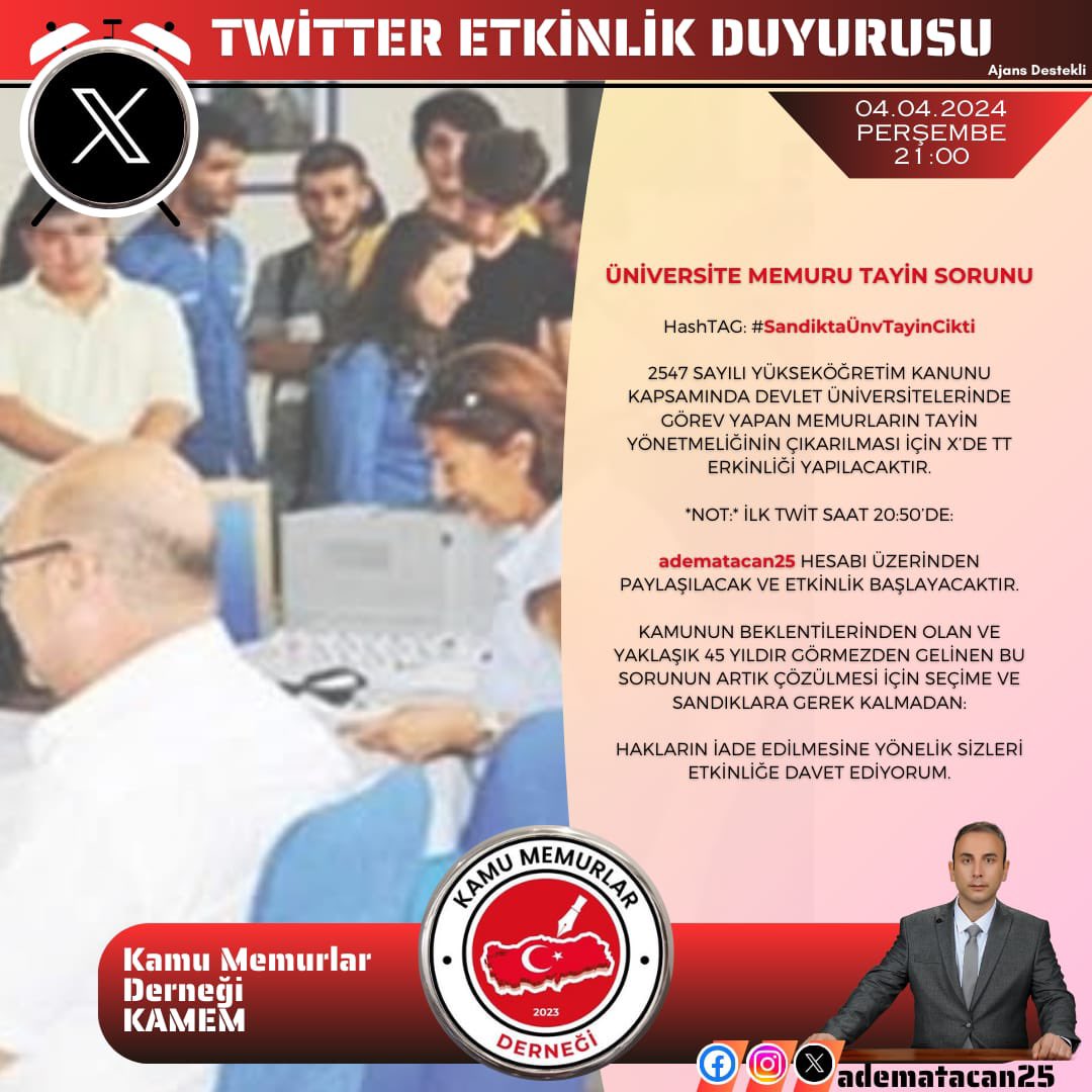 ÜNİVERSİTE MEMURLARI ÇOK ÇİLE ÇEKTİ !
DAHA DA ÇEKTİRİYORLAR!!!

BU ÜLKEDE 200 BİN ÜNİVERSİTE MEMURUNUN TAYİN HAKKI BULUNMUYOR!

ACABA NEDEN?

BİR KEZ DAHA HAYKIRMAK İÇİN BU PERŞEMBE GÜNÜ (04.04.2024) SAAT 21:00’DA ETKİNLİĞE DAVET EDİYORUM.