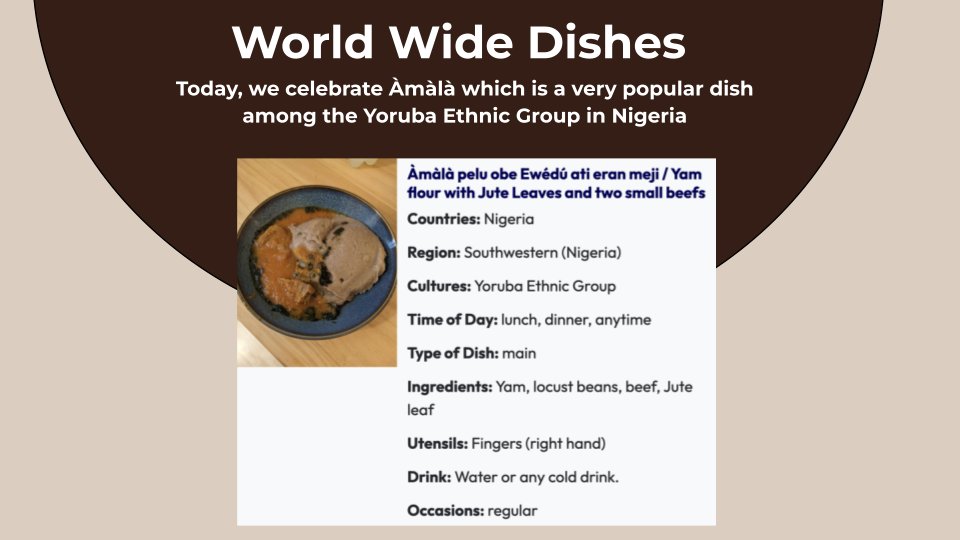 Thank you for contributing your local dish to worldwidedishes.com 🍲🥔

Today, we learn about Àmàlà, a very popular dish among the Yoruba tribe of Nigeria. Àmàlà can be eaten with different soups, with most common being Abula (peeled cooked bean with Jute leaves) 😋