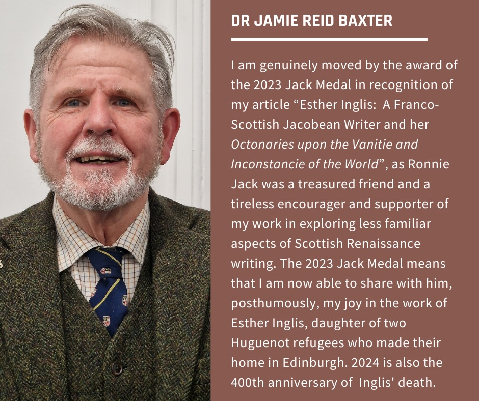 Delighted to announce officially that the IASSL has awarded the 2023 Jack Medal to Jamie Reid Baxter for his article on Esther Inglis's Octonaries publ in SSL, 2023. iassl.org/jackmedal2023 @IASSL_ScotLit @scotlit @EstherInglis24