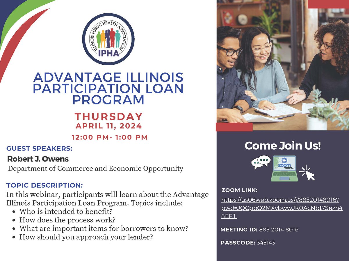 Are you a small business owner seeking access to capital? Learn more about the Advantage Illinois program during a webinar offered by the @IllinoisDCEO and @ILPublicHealth on April 11, 12 noon. #advantageillinois #loanparticipation #LoanGuarantee #smallbusinesscapital