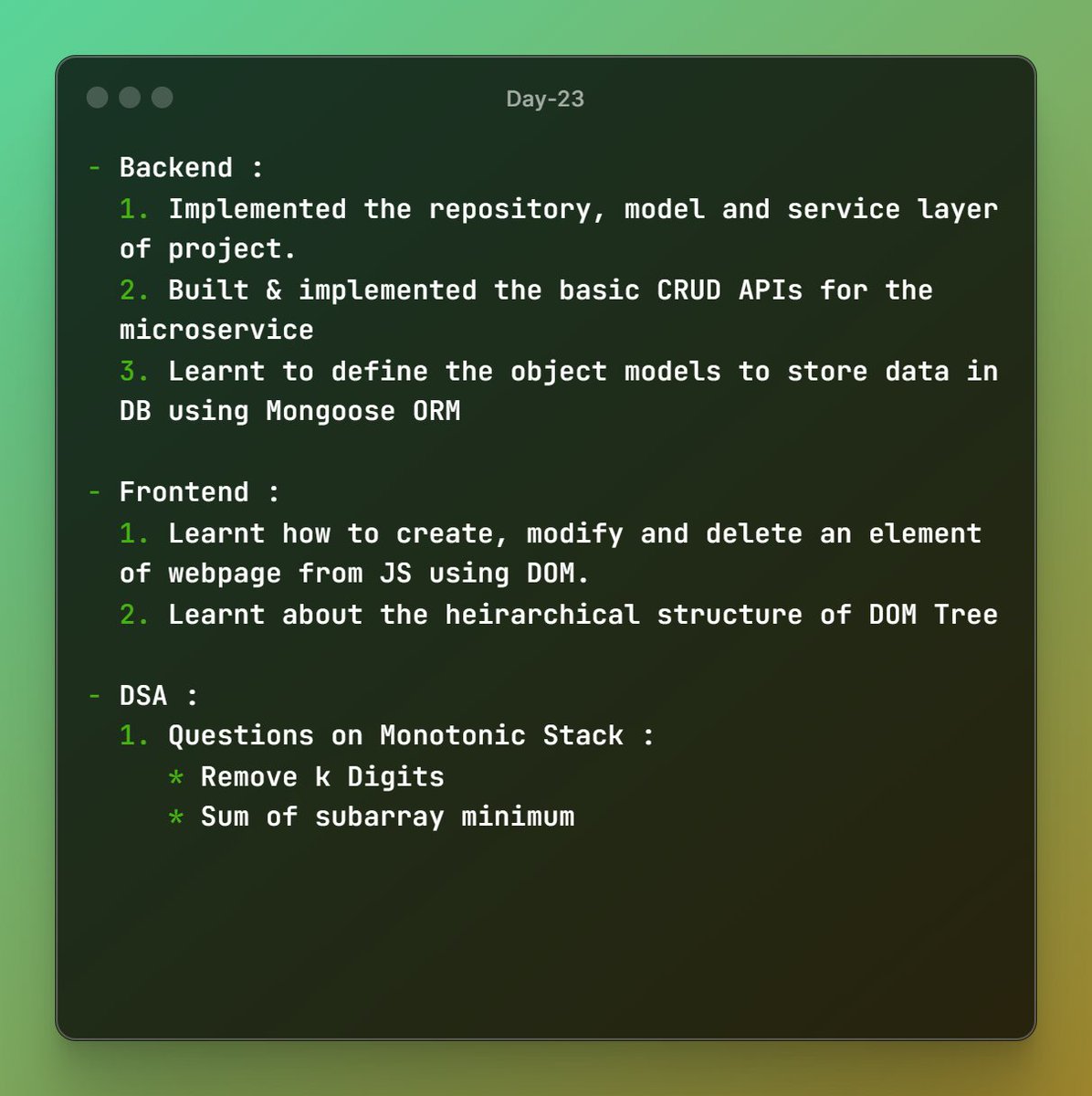 ss_21_'s tweet photo. Day-23 of #50DaysofConsistency

- Defined Model of DB in backend project &amp; set basic structure of APIs &amp; made them working @isanketsingh 
- Learnt more about JS DOM @freeCodeCamp 
- Did another set of Stack Qs  &amp; patterns are getting underhand now @striver_79 
#dsa #dev #tech https://t.co/UJdhHtKBlb