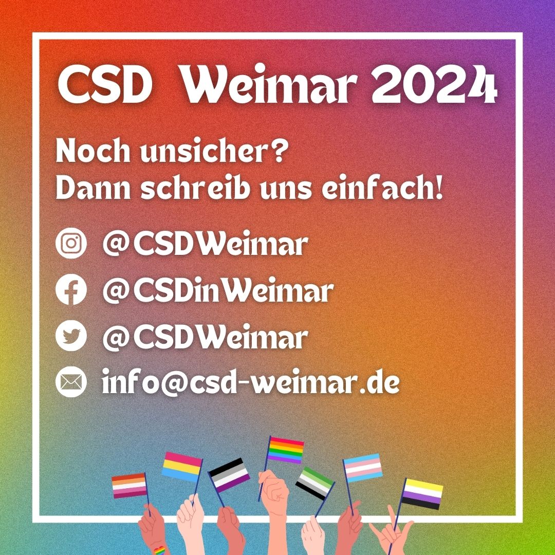 Du bist eingeladen! Zum nächsten Team-Meeting für die Vorbereitung des CSD Weimar 🏳️‍🌈🏳️‍⚧️:

... am Freitag, den 5. April 2024
... um 18:00 Uhr
... in der AIDS-Hilfe Weimar
... (Erfurter Straße 17, Weimar)

[1/7] #CSDWeimar #CSDThüringen #QueerInWeimar #VielfaltInThüringen
