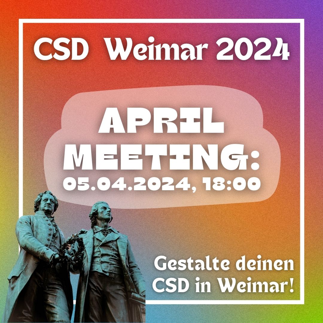 CSDWeimar's tweet photo. Du bist eingeladen! Zum nächsten Team-Meeting für die Vorbereitung des CSD Weimar 🏳️‍🌈🏳️‍⚧️:

... am Freitag, den 5. April 2024
... um 18:00 Uhr
... in der AIDS-Hilfe Weimar
... (Erfurter Straße 17, Weimar)

[1/7] #CSDWeimar #CSDThüringen #QueerInWeimar #VielfaltInThüringen https://t.co/uuiIUNkFjj