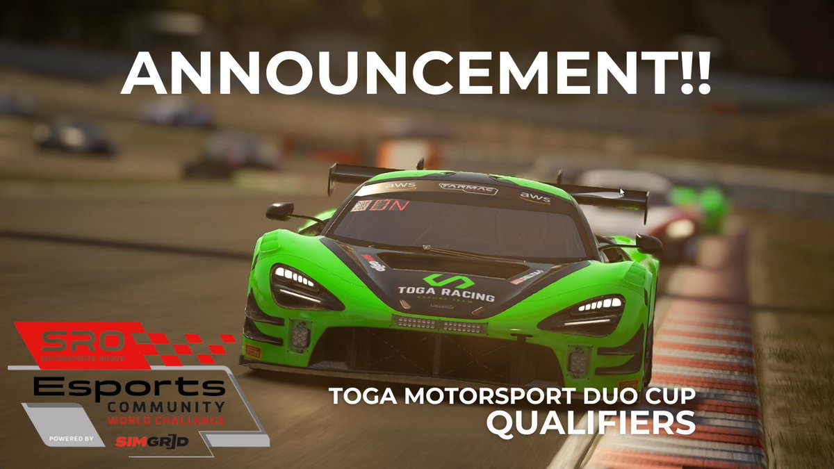 ANNOUNCEMENT!
We can finally announce our SRO eSports World Challenge event for 2024 powered by @sim_grid 

TOGA MOTORSPORT DUO CUP!
Our pre-qualifiers are now live!
thesimgrid.com/championships/…

@AC_assettocorsa @GTOmegaRacing @imbracewear