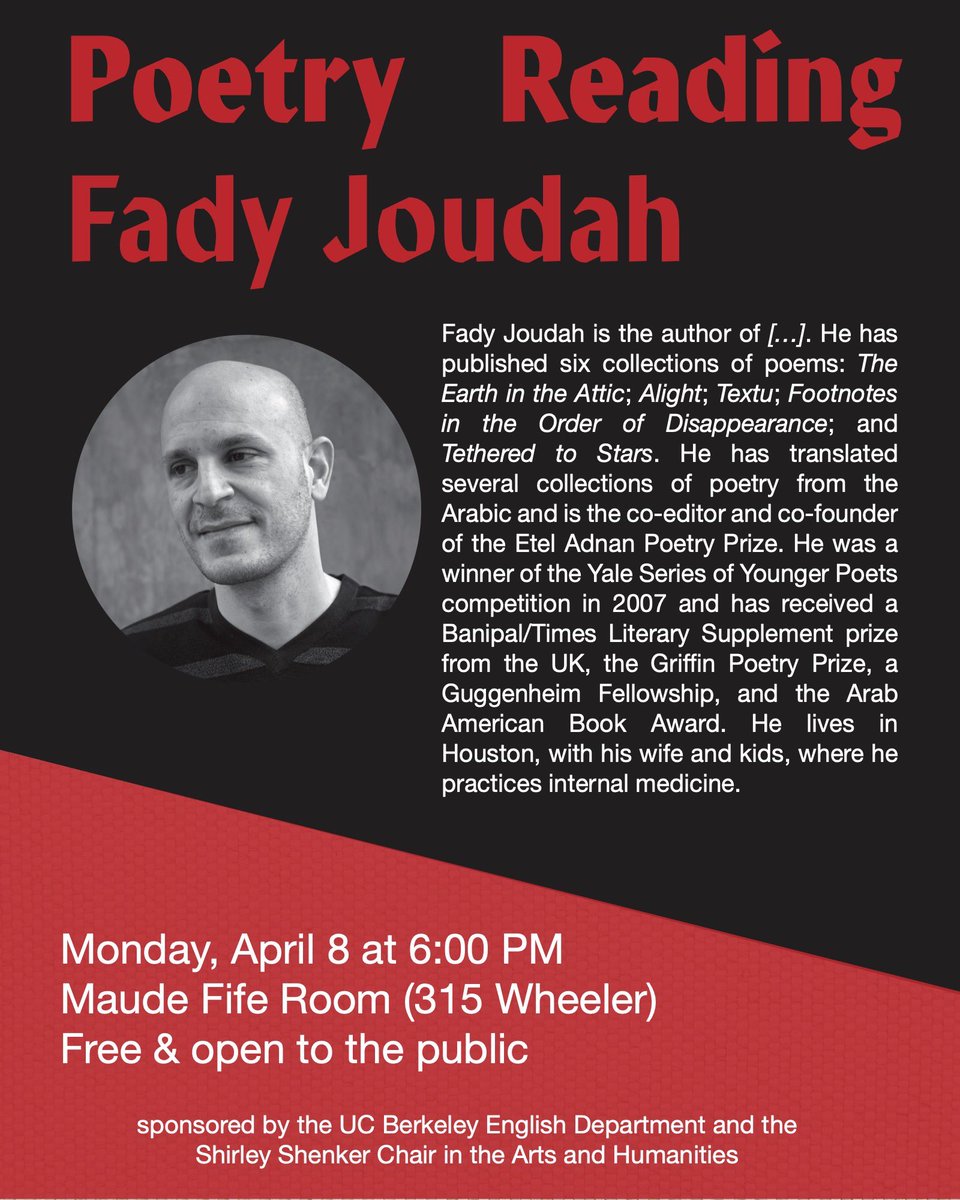 We hope you can join us on Monday, April 8th, when we’ll welcome poet and author Fady Joudah for a poetry reading! This event will start at 6 PM in the Maude Fife Room. Free and open to the public.