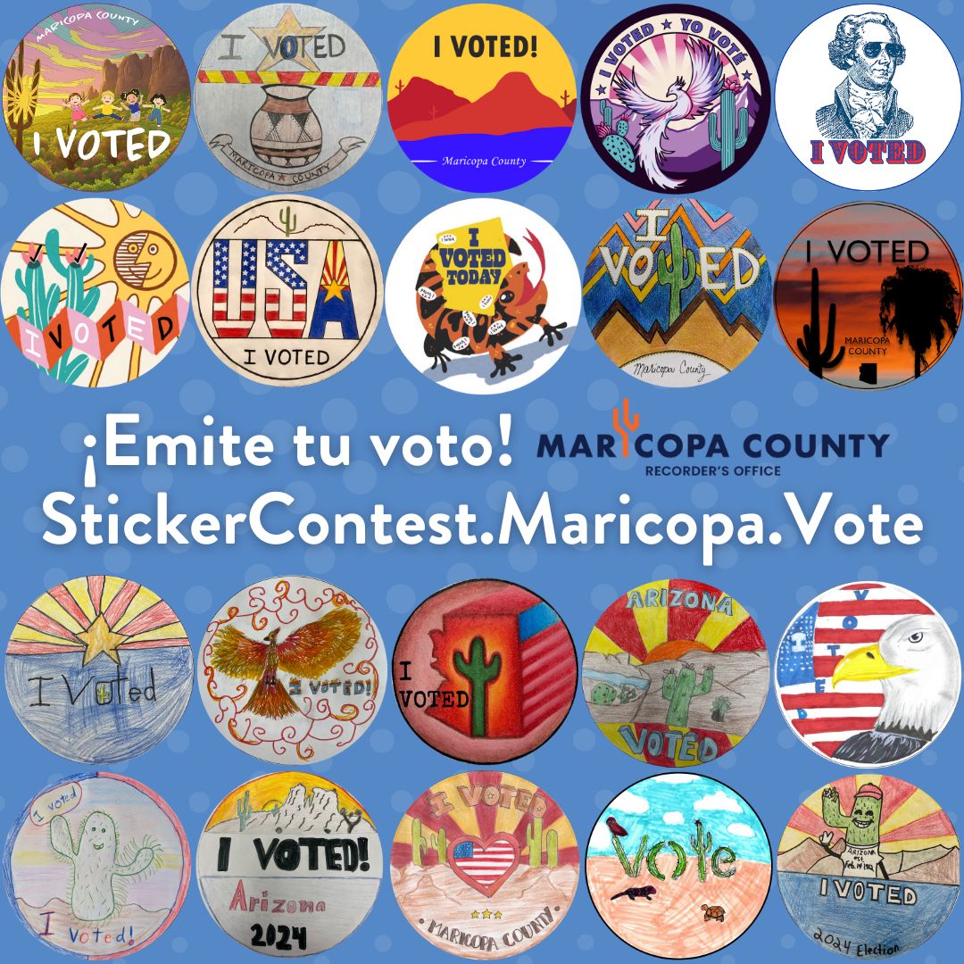 ¿Ya votaste por tu diseño favorito del concurso de la calcomanía “Yo voté” del condado de Maricopa? 🎉 Hay 10 finalistas en la categoría infantil y en la categoría para adultos. Elige tus diseños favoritos en StickerContest.Maricopa.Vote!