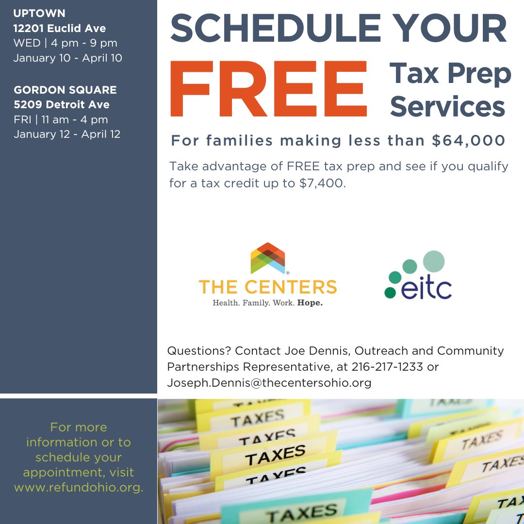 Worried about how you’ll get your taxes done on time? We’ve got you covered! The Centers and the Cuyahoga County EITC Coalition are offering FREE tax prep services to families in Northeast Ohio making less than $65k! Schedule today --> refundohio.org