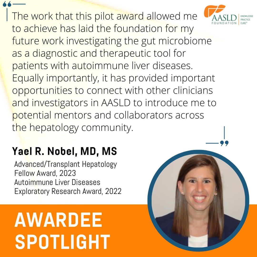 AASLD Foundation Awardee Spotlight: Yael R. Nobel, MD, MS 😎 @yael_nobel At the core of our work are the talented researchers and clinicians who work tirelessly to find better treatments and more cures for liver diseases. aasldfoundation.org/awardee-spotli… #LiverTwitter