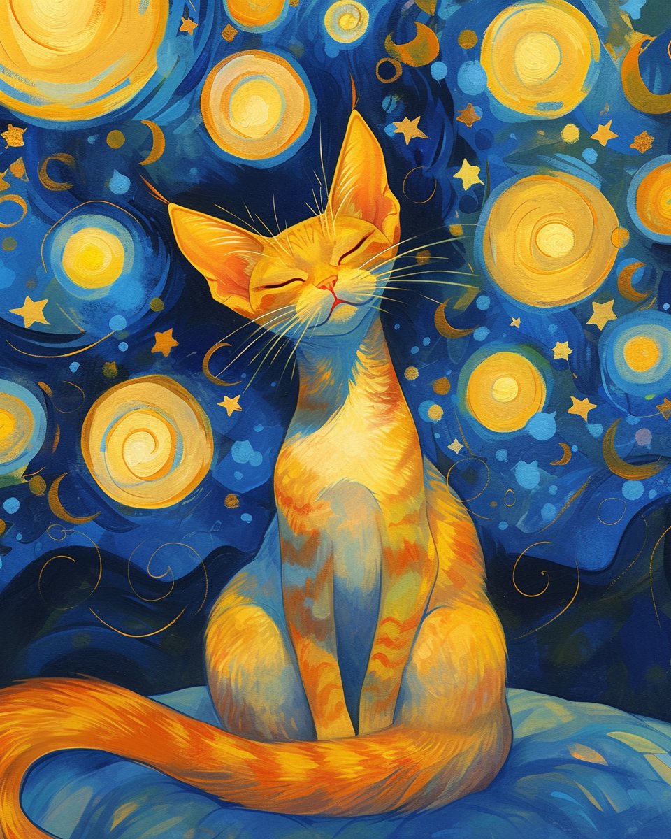 Artedeingenio's tweet photo. To say goodnight I share with you this prompt of a cat in the style of Starry Night and whimsical folk art.

I don't remember Van Gogh painting any cats, but it would look something like this.

#AIArtwork #aiartcommunity #PromptShare