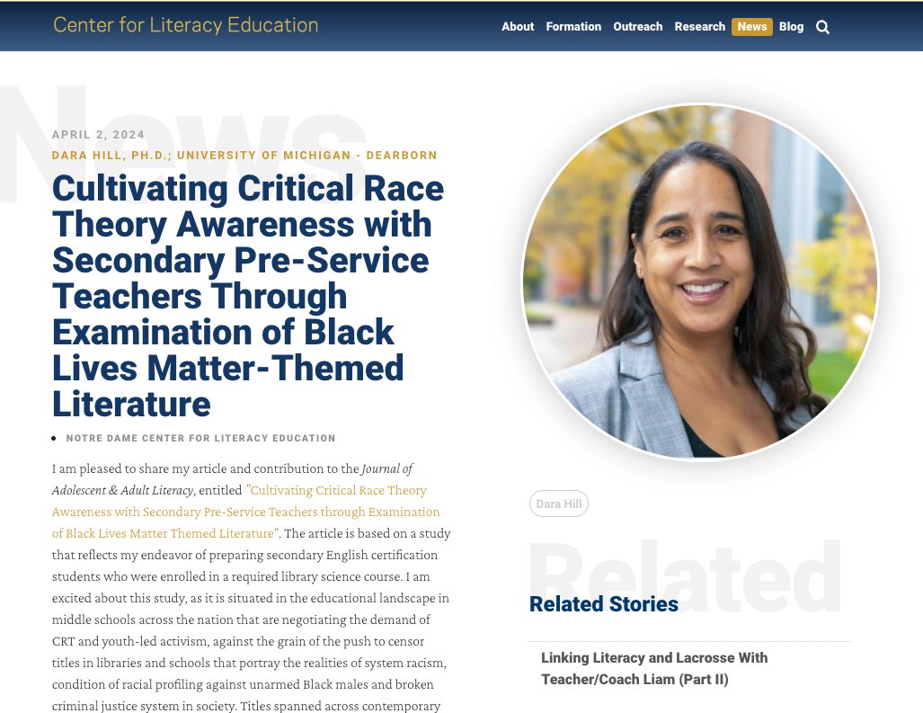 @KDaraHill1 discusses her article in Journal of Adolescent & Adult Literacy 'Cultivating Critical Race Theory Awareness with Secondary Pre-Service Teachers Through Examination of BLM-Themed Literature' in latest CLE blog: iei.nd.edu/initiatives/no… @ACEatND @ieiatnd @UM_Dearborn