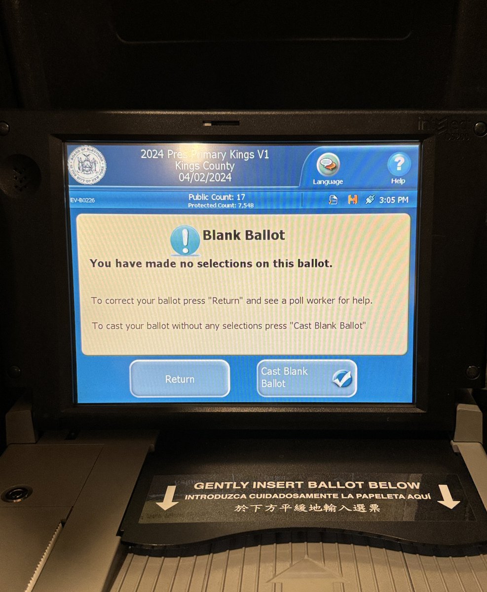 As NYers head to the polls today, another type of campaign is underway: @leaveitblankny is calling for people to submit blank ballots in protest against genocide & Biden’s continued support of Israel’s destruction of Palestine. Here’s the blank ballot alert screen (anon tip):