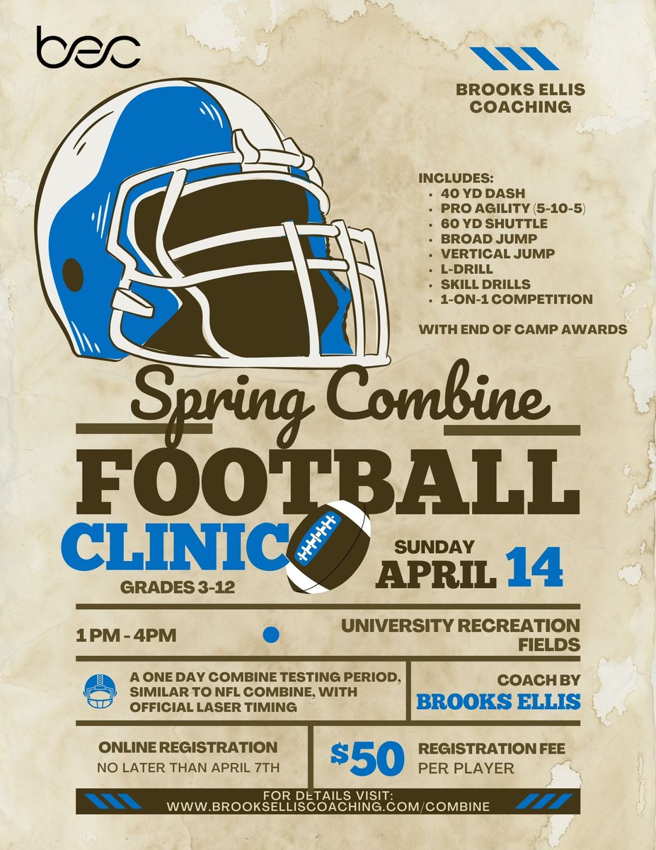 BEC Spring Combine coming up this April 14th at the University Recreation Fields in Fayetteville! Get your laser-timed 40-yard dash and other NFL combine-level drills while receiving a performance analysis in real-time from former NFL and SEC athletes. The first 50 signups…