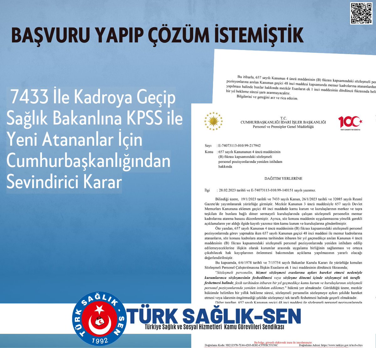 Başvurup Çözüm İstemiştik: 7433 İle Kadroya Geçip Sağlık Bakanlığı'na KPSS ile Yeni Atananlar İçin Cumhurbaşkanlığından Sevindirici Karar Kamu kurum ve kuruluşlarında sözleşmeli sağlık çalışanı olarak görev yaparken 7433 Sayılı Kanun ile kadroya geçen personeller ÖSYM…