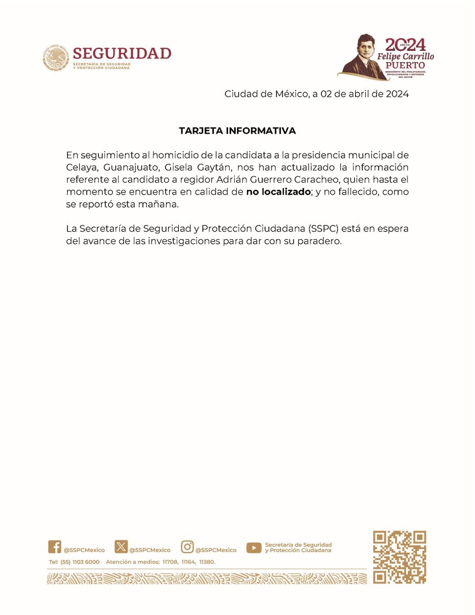 SSPCMexico's tweet photo. #SSPCInforma 📢

Candidato a regidor de #Celaya, Adrián Guerrero Caracheo, se encuentra en calidad de no localizado. https://t.co/4JclbpSmFY
