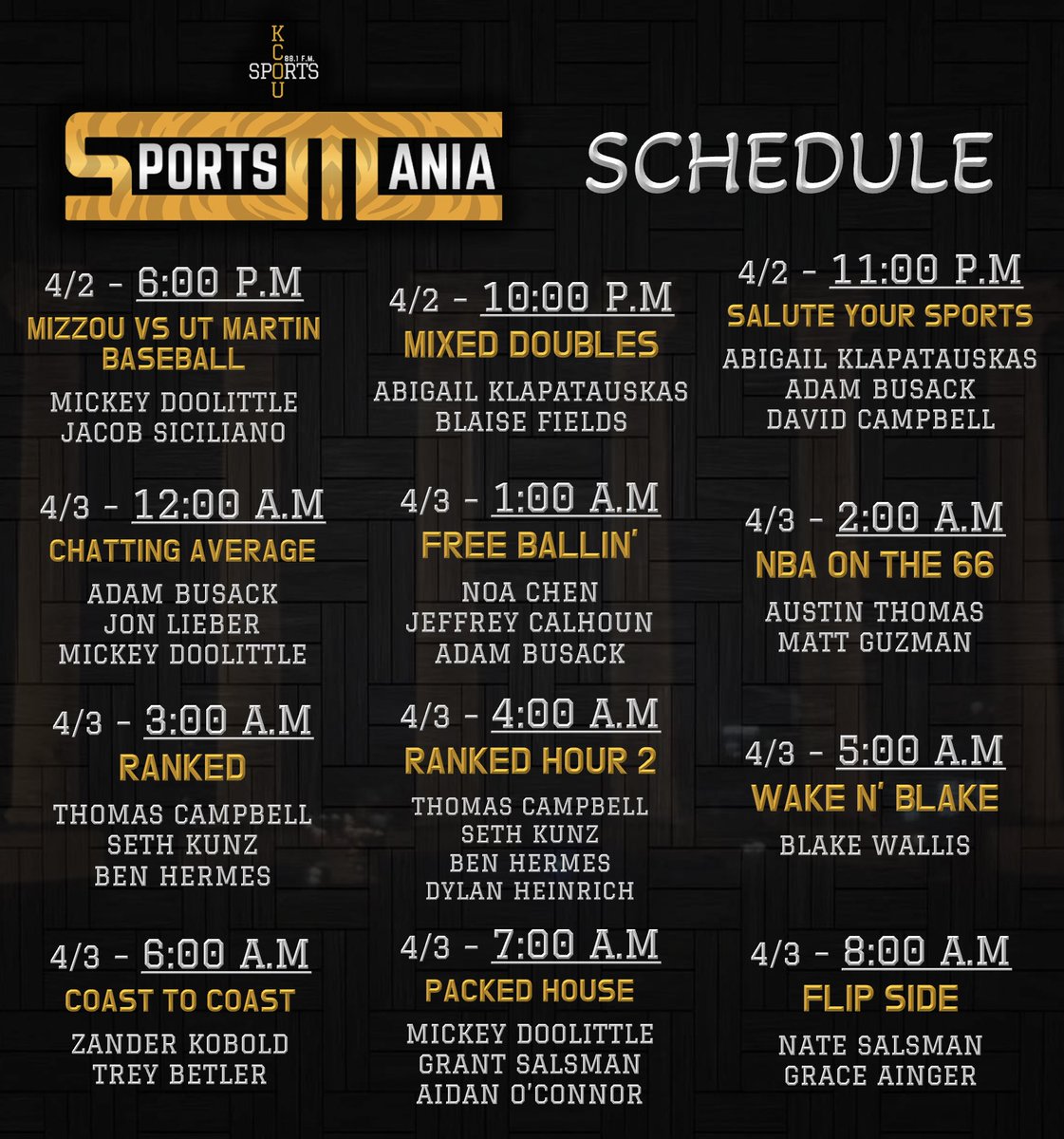 KCOUSports's tweet photo. ICYMI: Here's the official schedule for Sportsmania!

The action begins TONIGHT at 5:30 p.m. with Tiger Pregame Live before Mizzou Baseball hosts UT Martin at 6! https://t.co/XAV37o16Kh