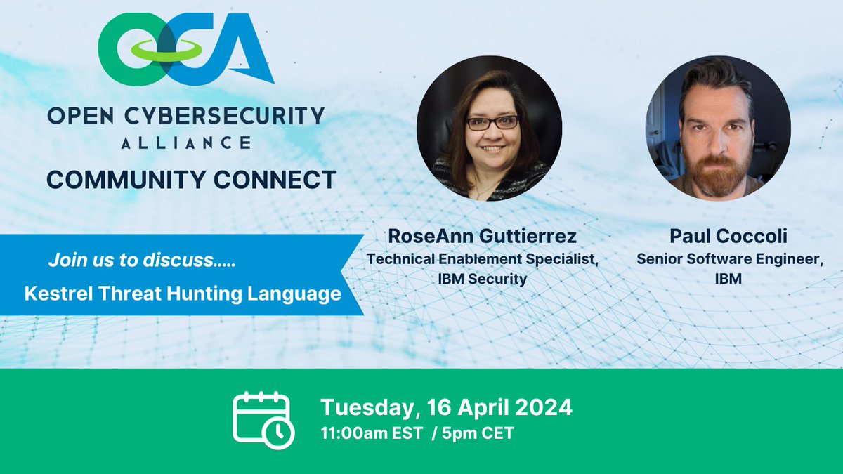 Want to learn more about threat hunting with Kestrel? Join us on 16 April to discuss the OCA sub-project! linkedin.com/events/ocacomm… #cybersecurity #Kestrel #threathunting #security #opensecurity #opensource