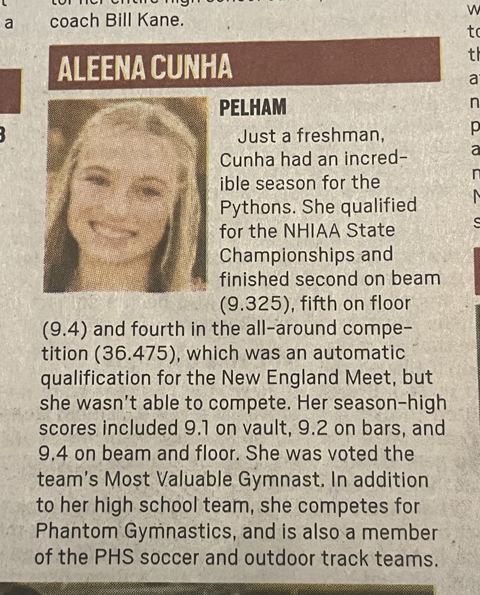 phspythons's tweet image. Congratulations to PHS freshman gymnast Aleena Cunha for making the Lowell Sun 1st Team. Aleena finished 4th in the All-Around competition at states, including 2nd on the Beam.#ProudAD
