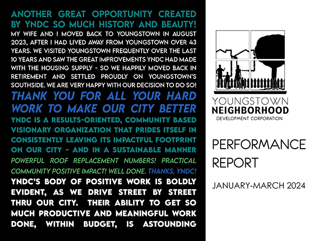YNDC is proud to announce the publishing of its performance report from the 1st Quarter of 2024! The performance report highlights the work of YNDC from January to March 2024. Click here to view the performance report: bit.ly/3PP18q6 #REVITALIZE #YOUNGSTOWN