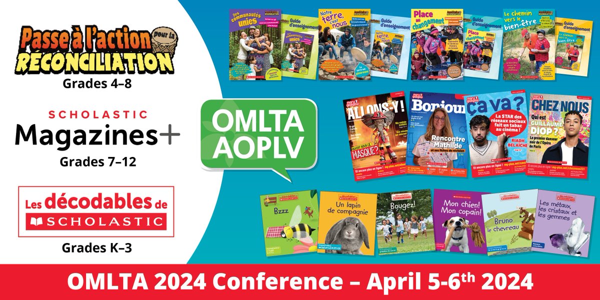 Stop by the Scholastic Education booth at the OMLTA conference on April 5-6th to browse our French resources! All 80 titles of our new decodable series for K-2, Les décodables de Scholastic, will be on display, as well as our French magazines! #omlta #EPCP24