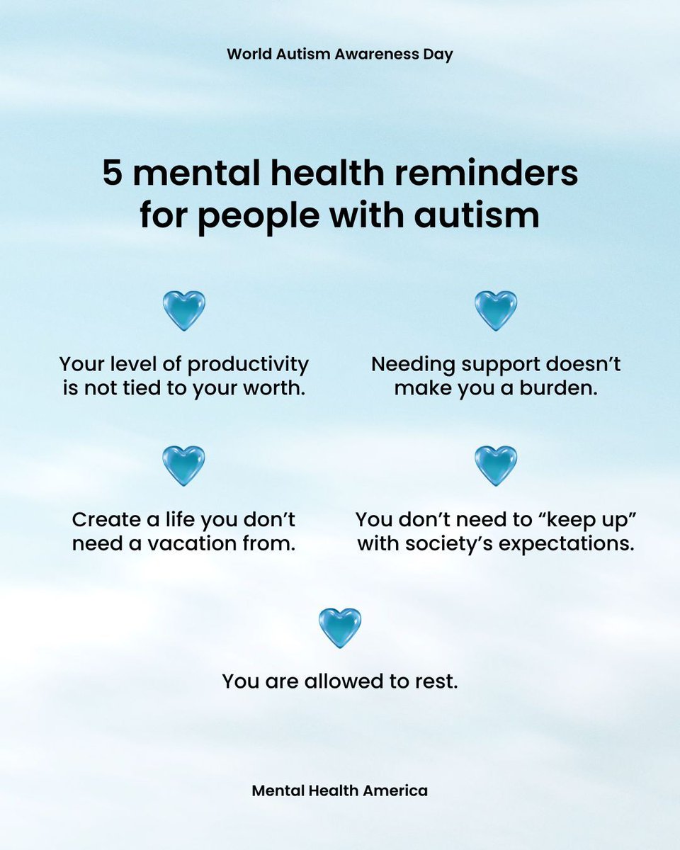 Studies have shown that many mental health conditions - like anxiety, depression, and ADHD - often co-occur with #autism. 

On #WorldAutismAwarenessDay, we’re here to remind you how important prioritizing your mental health is. 💙