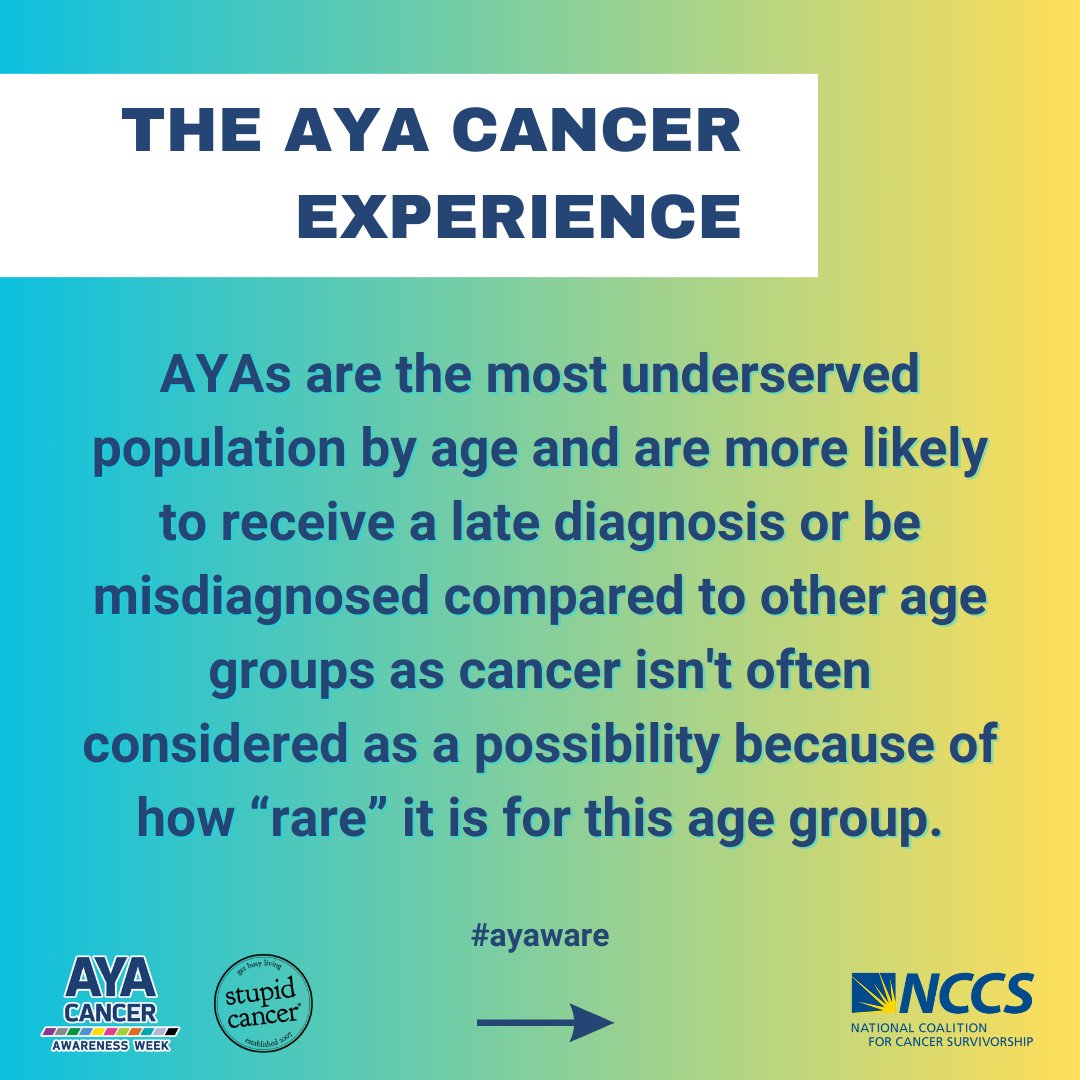 Adolescent and Young Adults cancer survivors experience disparities in diagnosis, treatment, insurance coverage, and outcomes as compared to other age groups. Disparities are compounded for AYAs from marginalized communities. #ayaware #ayacancer and #AYACancerAwareness