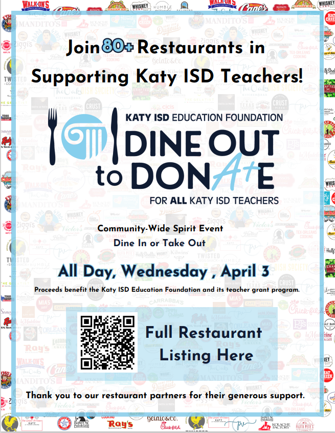 TOMORROW is the day to show your support for all Katy ISD teachers with Dine Out to Donate! 🍽️ 
Join us on Wed, April 3rd, as local Katy restaurants partner with the Katy ISD Education Foundation. Proceeds benefit Inspiring Imagination Teacher Grants!
bit.ly/DO2D2024