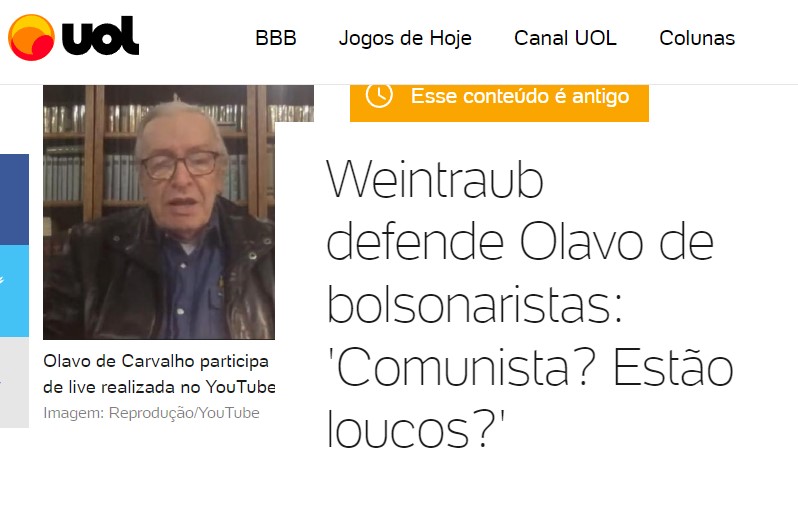 'Não pode publicar foto do Weintraub com o Professor Olavo.' E quando bolsonaristas estavam chamando o Professor Olavo de comunista, pode? O único que vi sair em defesa do Professor, é o que vocês não querem que assimile imagens. Verdade é; muitos perderam a vergonha na cara e…