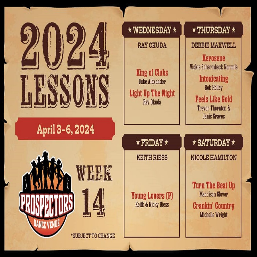 ProspectorsRest's tweet image. Enjoy our many #dance events such as dance lessons, concerts, #CountryLine dancing &amp;amp; more April 3 - 6! 

Don't forget SugarFootin Sunday! Have fun &amp;amp; excitement with whole family Sun, April 14th 1pm-5pm!

List - click on graphics to enlarge) of this weeks dance nights and lessons
