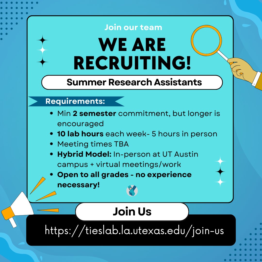 🌟 Join Our Team This Summer! 🌟

🔍 Are you passionate about child development and family functioning? Want to gain hands-on research experience? The TIES Lab is recruiting research assistants for the summer! Apply now through the link!