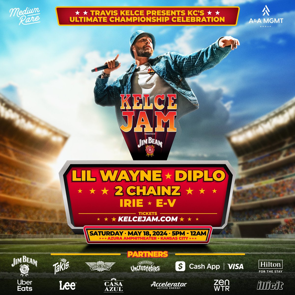 IrieEvents's tweet image. Pumped to announce @IRIE will be performing at @TKelce personal music festival - @KelceJam - in Kansas City on Saturday, May 18th! 

Tickets starting at $49.99 go on sale this Friday, April 5 at 12:00PM CT. Register now for presale at KelceJam.com. 🏈🏆