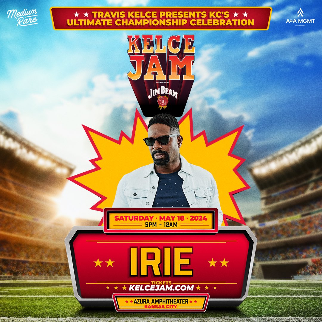 IrieEvents's tweet image. Pumped to announce @IRIE will be performing at @TKelce personal music festival - @KelceJam - in Kansas City on Saturday, May 18th! 

Tickets starting at $49.99 go on sale this Friday, April 5 at 12:00PM CT. Register now for presale at KelceJam.com. 🏈🏆