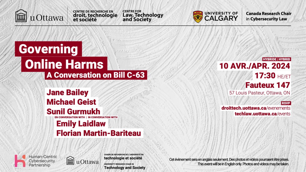 Join us on April 10 for a lively conversation on Bill C-63 and the #OnlineHarms Bill with leading experts Jane Bailey, @mgeist, Sunil Gurmukh, @Emily Laidlaw and @f_mb. ℹ️/🎟 uottawa.ca/research-innov…