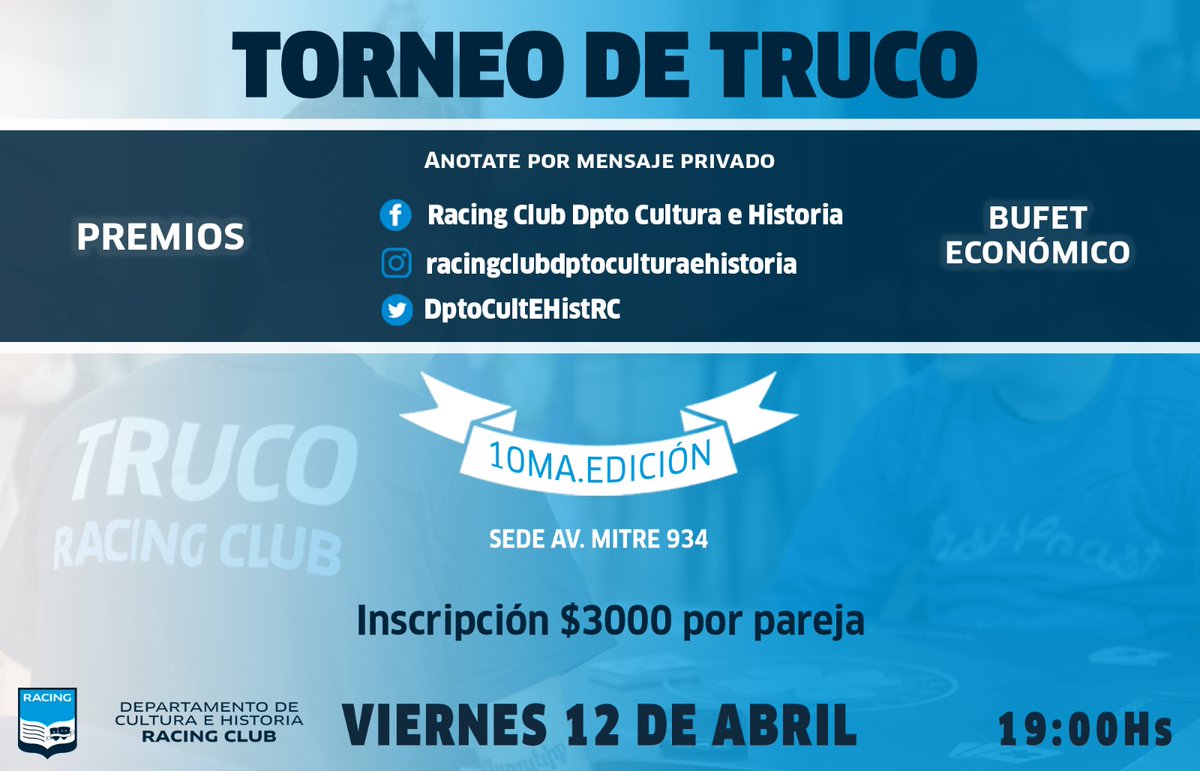 ¡Se viene un nuevo torneo de truco! Vení a jugar y divertirte. 🍕Buffet. 🏆Grandes premios. 🗓️Viernes 12 de abril 🕖19 horas 📍3er piso de la sede de Avellaneda. Te esperamos.