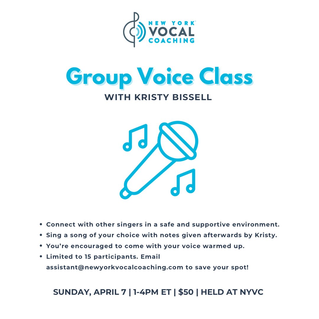 NYVocalCoaching's tweet image. Our next Group Voice Class with Kristy Bissell is this Sunday, April 7 at NYVC!🎤

Email assistant@newyorkvocalcoaching.com to join us!😃

#groupvoiceclass #voiceclass #voicelesson #vocalcoach #newyorkvocalcoaching