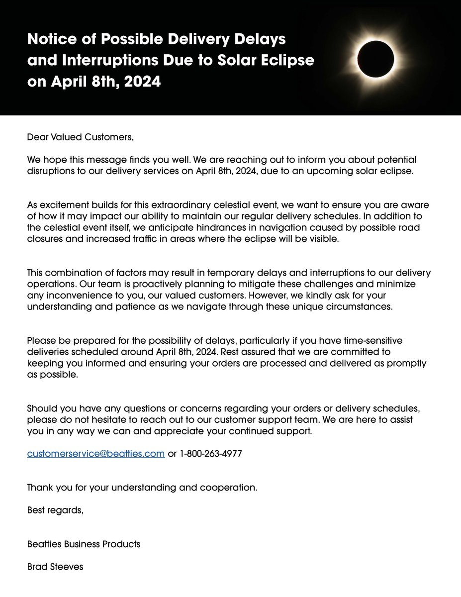 Just a heads up that there may be delivery delays and interruptions on April 8th, 2024 due to the Solar Eclipse. #Eclipse #Niagara #StCatharines #Beatties