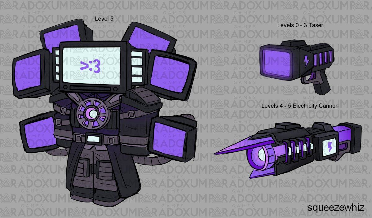 concept art of TeeVee electroshocker's final upgrade form and weapons. due to time constraints, her design was toned down in the final iteration, and her upgraded weapon was scrapped.