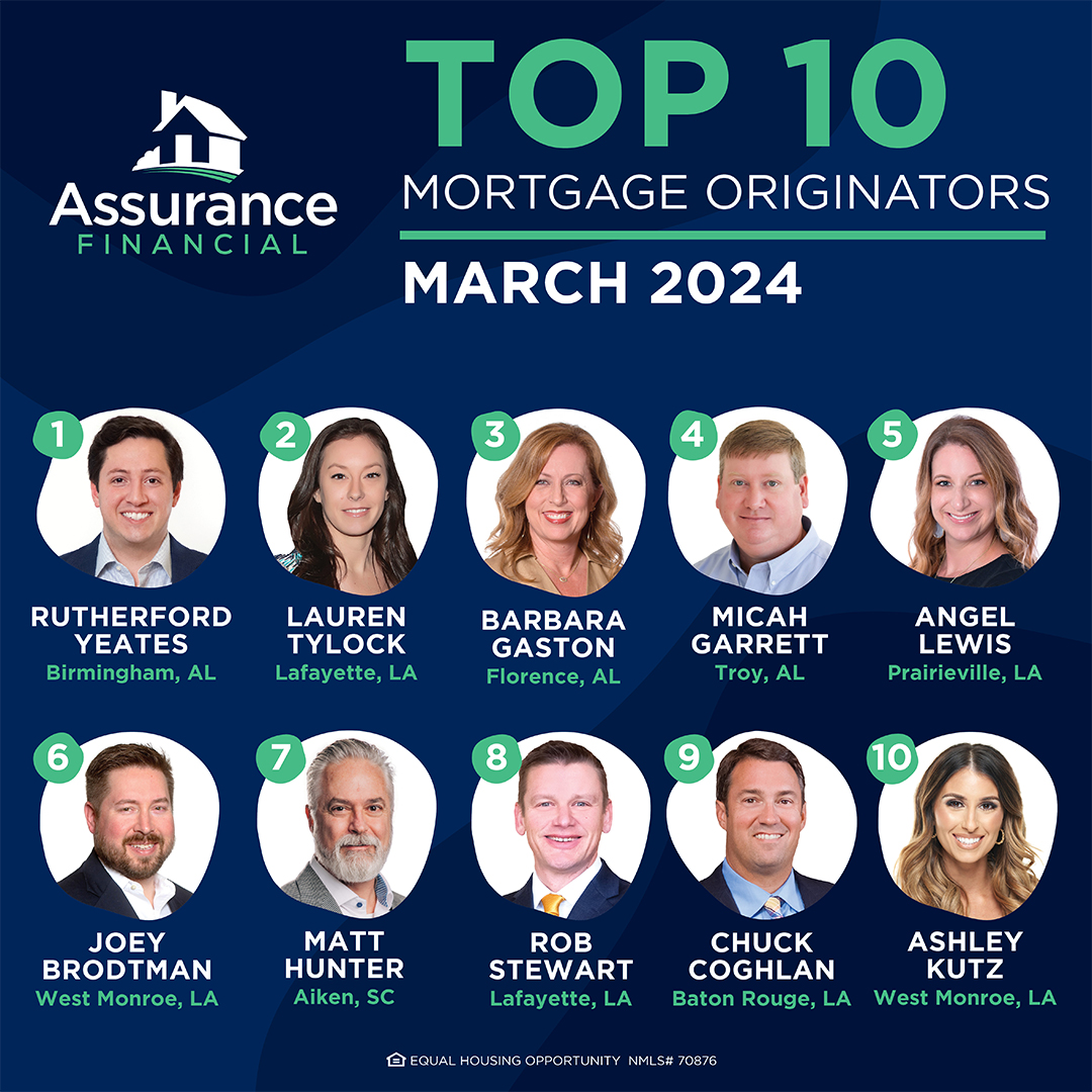 ⭐ Shout out to our Top 10 Loan Officers for March 2024! ⭐ #Top10

MLOs - Ready to work with the brightest stars in the industry? Check out what we have to offer: ow.ly/BG6t50R6Wif
#AssuranceFinancial #Mortgage #LoanOfficer