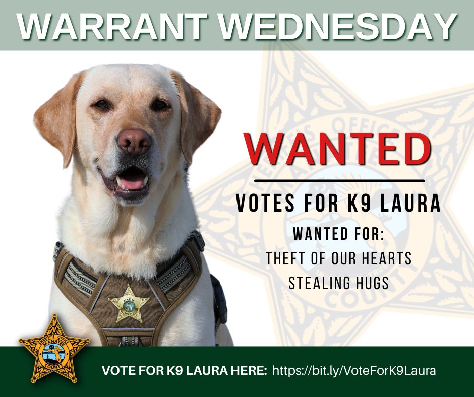 K9 Laura is wanted for stealing hugs & theft of hearts. Instead of submitting a tip for her location, we ask you to cast your vote for her in the @FLSheriffs K9 March Madness tournament! VOTE here on all of your devices and browsers as often as you can: bit.ly/VoteForK9Laura