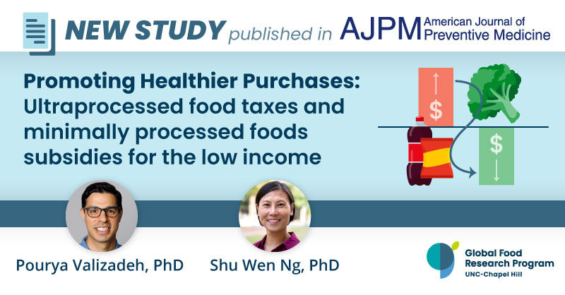 New @AmJPrevMed study by @PouryaValizade1 & @ShuWenNg finds taxing high-sugar/salt/sat. fat ultraprocessed foods + using revenue to subsidize healthy fruit/veg/proteins/beverages can reduce inequalities at low cost to US gov't @HEResearch @Arnold_Ventures globalfoodresearchprogram.org/combining-food…