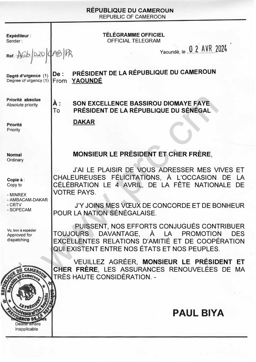 🇨🇲🇸🇳 Le Président Paul Biya adresse ses vives et chaleureuses félicitations à Son Excellence Bassirou Diomaye Faye, à l’occasion de la célébration le 4 avril 2024, de la fête nationale de la République du Sénégal. #PaulBiya #Cameroun